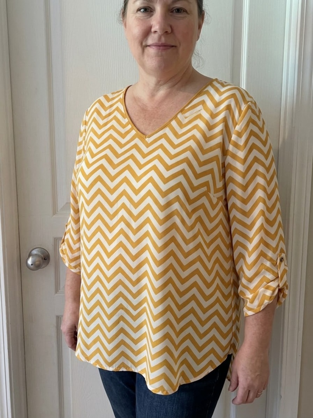 Kiara Yellow Chevron V-Neck Roll-Tab Sleeve Top
